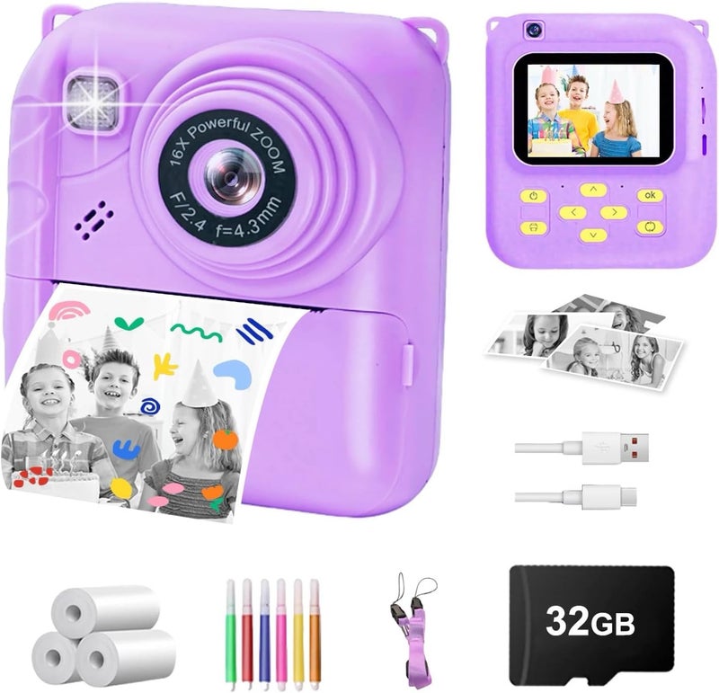 QDH Instant Print Camera for Kids, 1080P Video Camera with 3 Print Rolls, 32GB Card & Cute Cover, Gift for Girls Boys Age 3-12, Toddler Digital Camera with Games, Filters, Music – Purple - Image 1